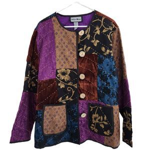 Indigo Moon Vintage Purple Patchwork Quilted Button Down Jacket Sweater Large